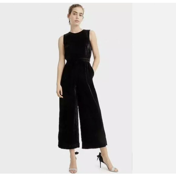 J Crew Jumpsuit Women 0P Black Velvet Wide Leg Sleeveless Party Cocktail Cut Out